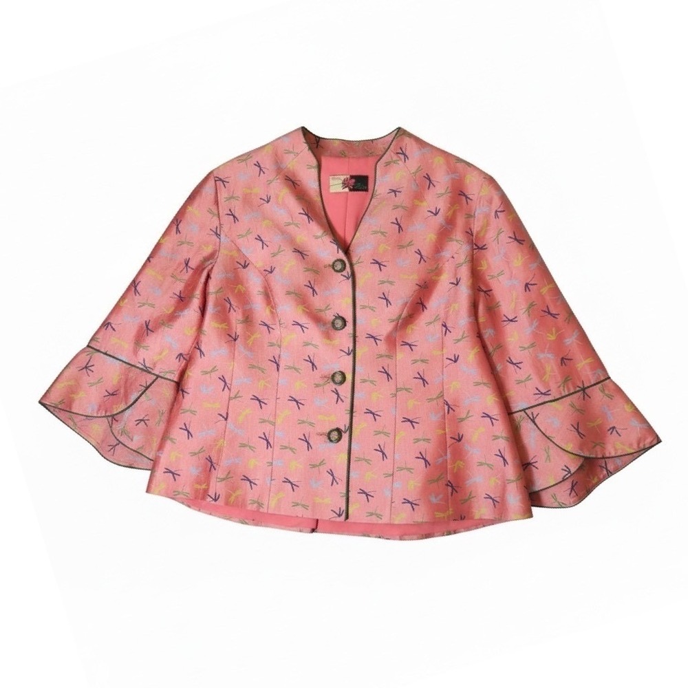 Teal Lotus Dragonfly Print Art to Wear Jacket Bell Sleeve Pink Blazer M - Picture 4 of 11
